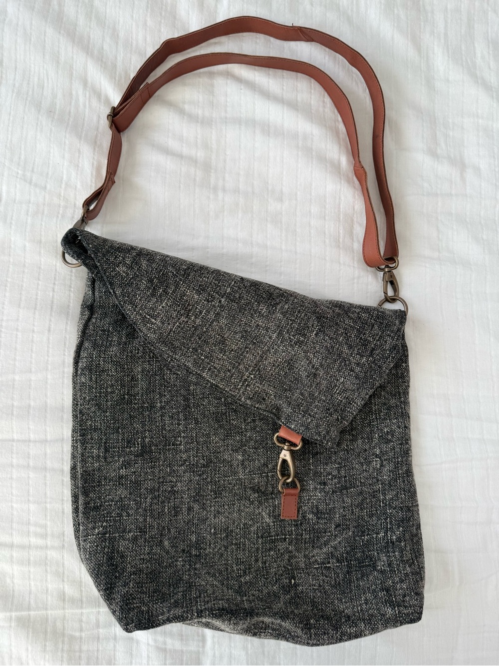 Vintage Addiction Charcoal Gray Canvas Shoulder Tote with Brown Strap